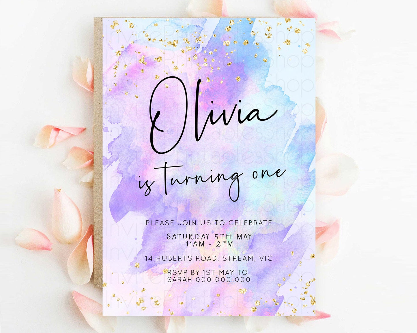 Pastel Birthday Invitation Ombre Watercolor Birthday Invitation Glitter Rainbow Color Splash 1st 2nd 3rd Birthday Invitation D23065