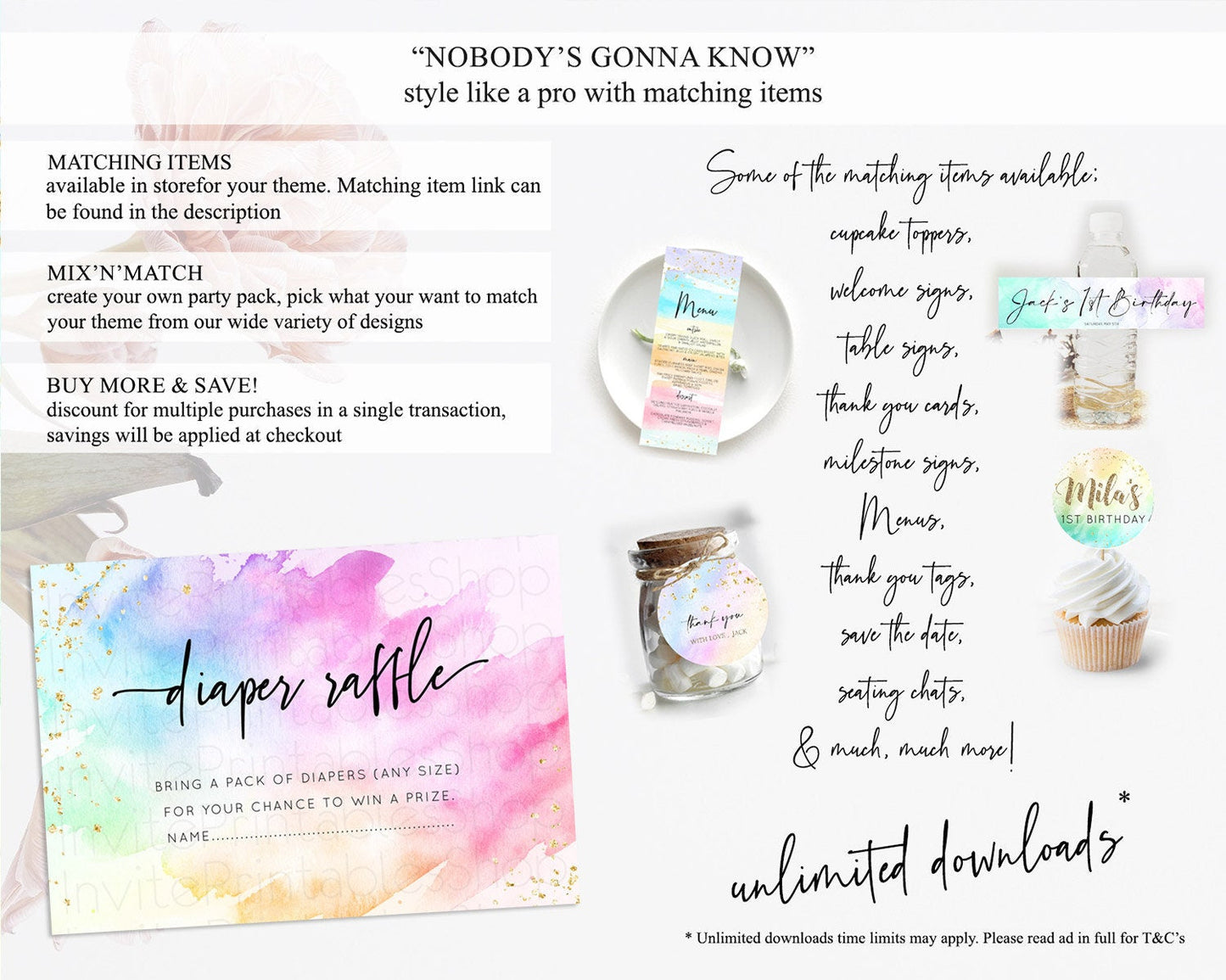 Pastel Diaper Raffle Card Pastel Rainbow Diaper Raffle Insert Colorful Ombre Watercolor Diaper Ticket Confetti Glitter Raffle Game D10449