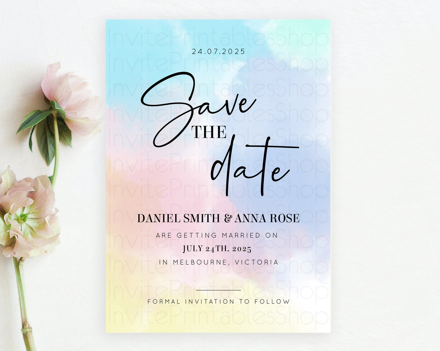 Pastel Save The Date Template Pastel Ombre Rainbow Watercolor Colorful Party For Birthday Baptism Baby Shower Wedding Bridal Shower D10373