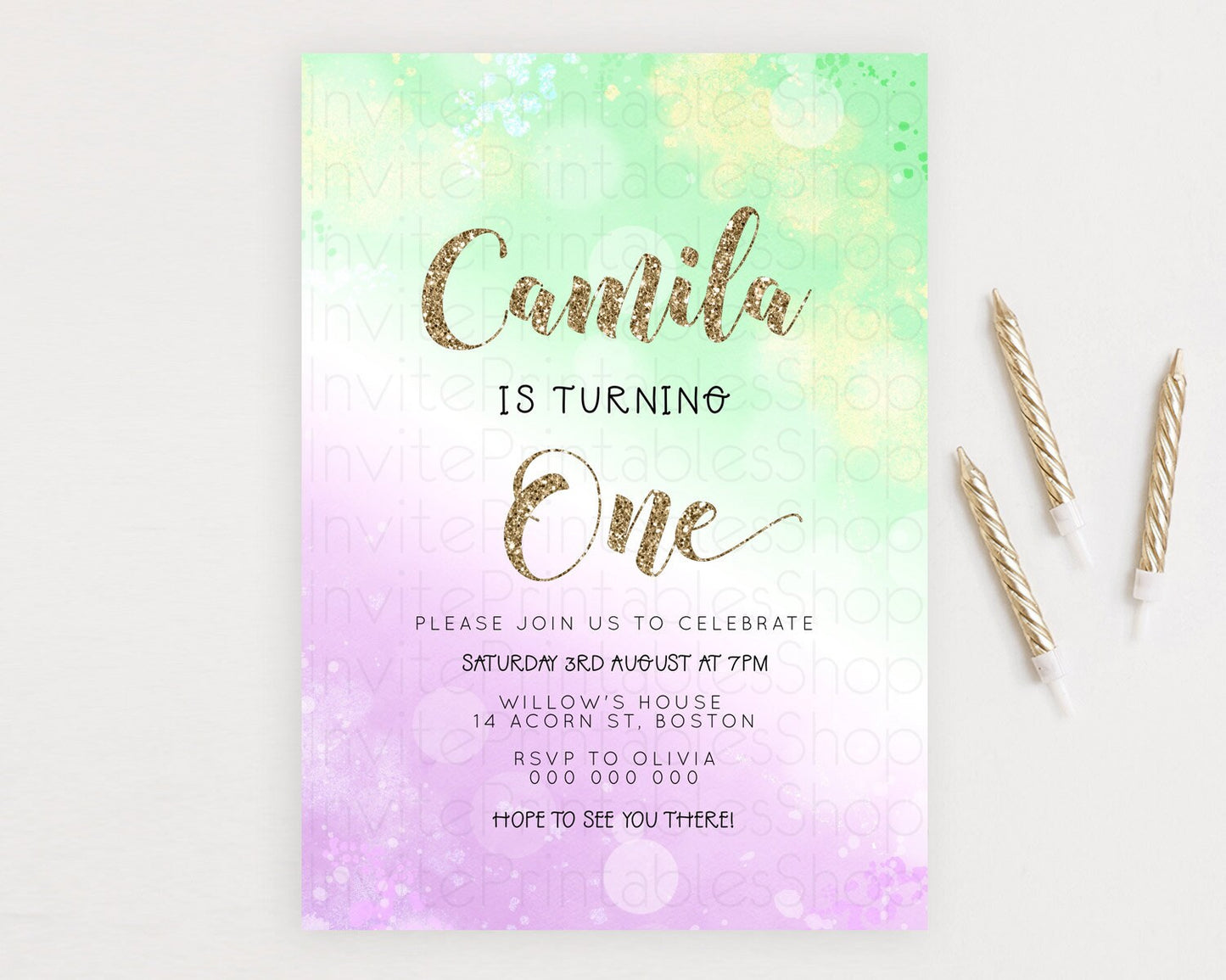 Rainbow Birthday Invitation Colorful Pastel Watercolor Invitation Gold Glitter Sprinkles Ombre Pastel 1st 2nd 3rd Birthday D23121