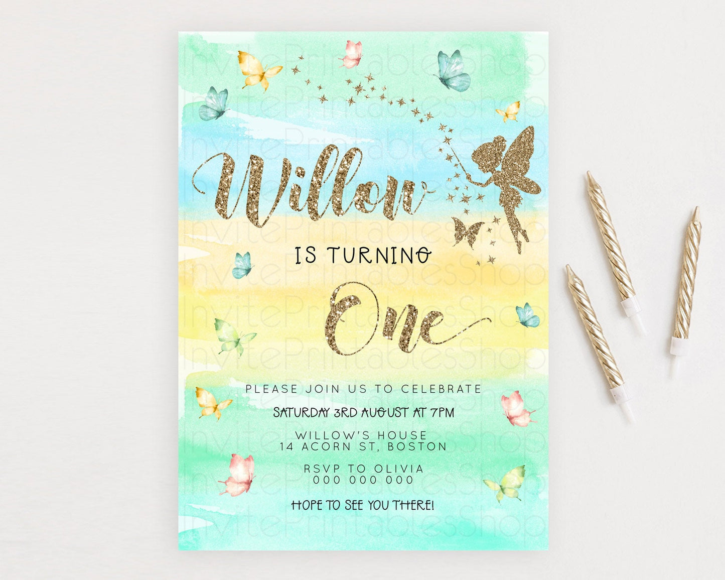 Pastel Fairy Birthday Invitation Pastel Butterflies Fairy Birthday Invitation Rainbow Ombre Watercolor 1st 2nd Birthday Invitation D23316
