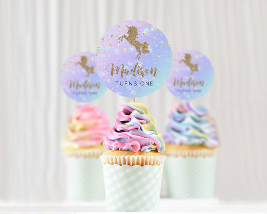 Unicorn Rainbow Cupcake Topper Pastel Unicorn Decor Magical Unicron Ombre Cupcake Toppers Colorful Watercolor Glitter Sprinkle Décor D10951