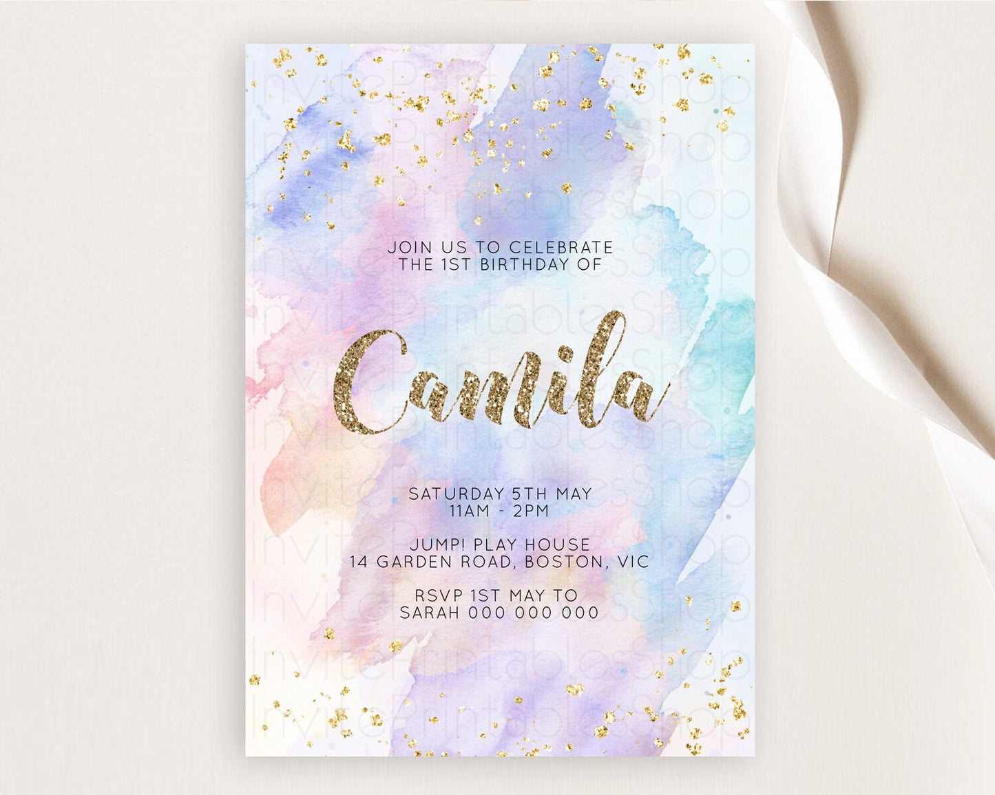 Rainbow Birthday Invitation Colorful Pastel Watercolor Invitation Gold Glitter Sprinkles Ombre Pastel 1st 2nd 3rd Birthday D10583