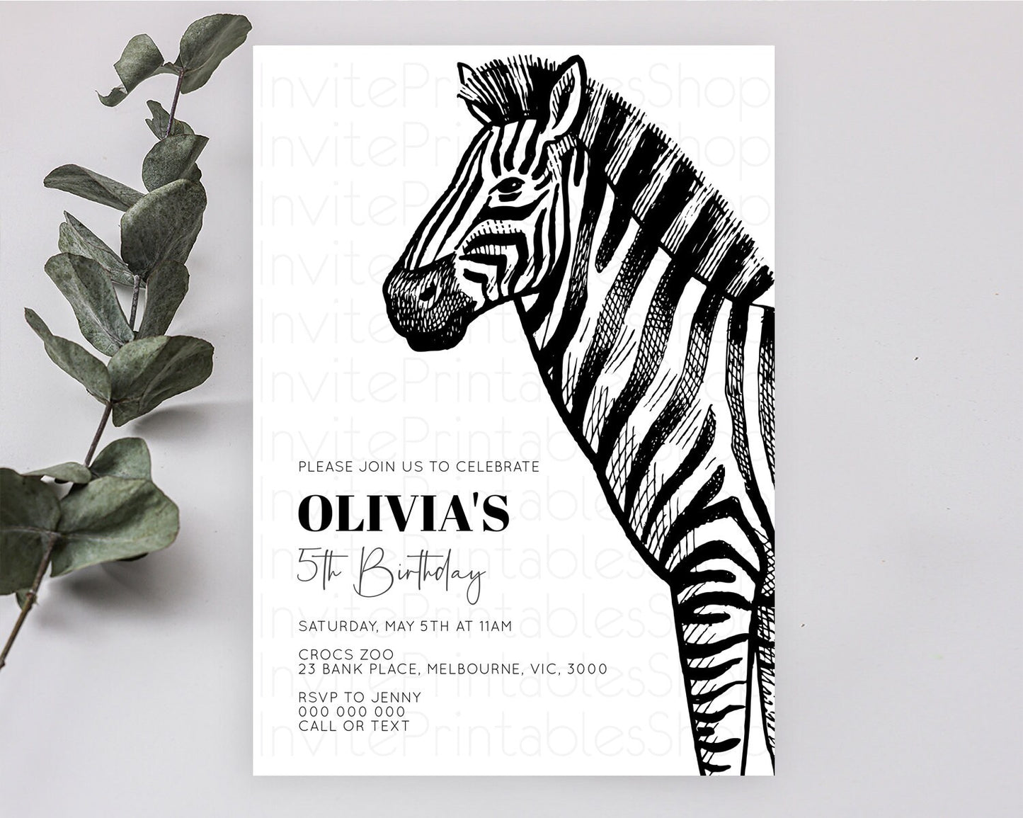 Zebra Birthday Invitation Zebra Invite Jungle Safari invite Watercolor Tropical Palm Invite Adventure Zoo Party Wild Animal Party D10249