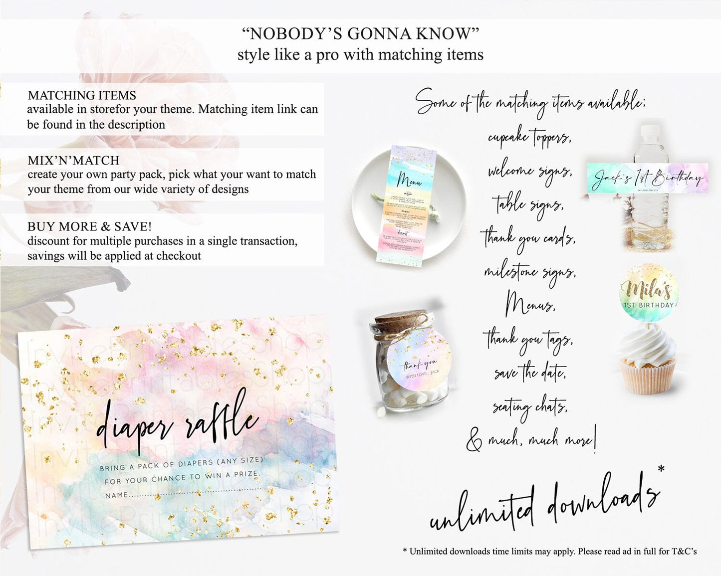 Pastel Diaper Raffle Card Pastel Rainbow Diaper Raffle Insert Colorful Ombre Watercolor Diaper Ticket Confetti Glitter Raffle Game D10276