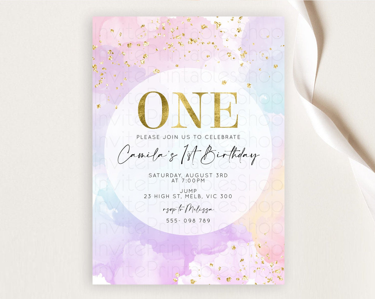 Rainbow Birthday Invitation Colorful Pastel Watercolor Invitation Gold Glitter Sprinkles Ombre Pastel 1st 2nd 3rd Birthday D10623