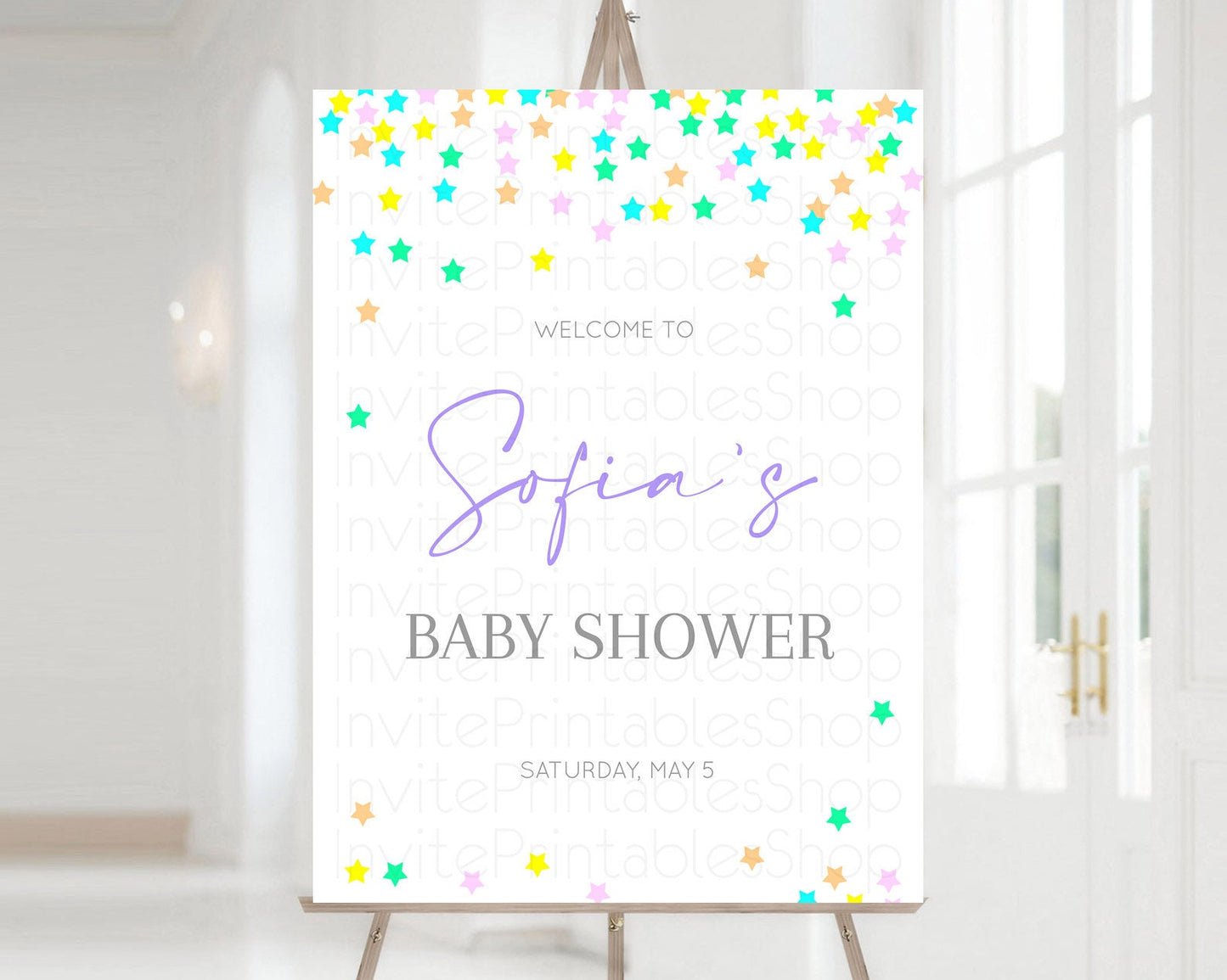 Star Baby Shower Welcome Board Pastel Stars Welcome Sign Shooting Star Rainbow Colorful Confetti Twinkle Little Star Welcome Sign D10395