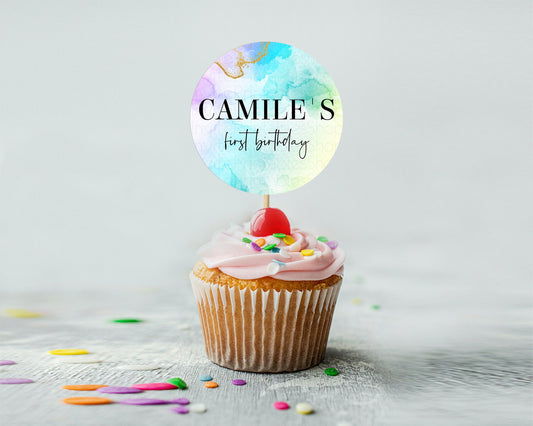 Editable Rainbow Cupcake Toppers Pastel Cupcake Toppers Colorful Pastel Wate