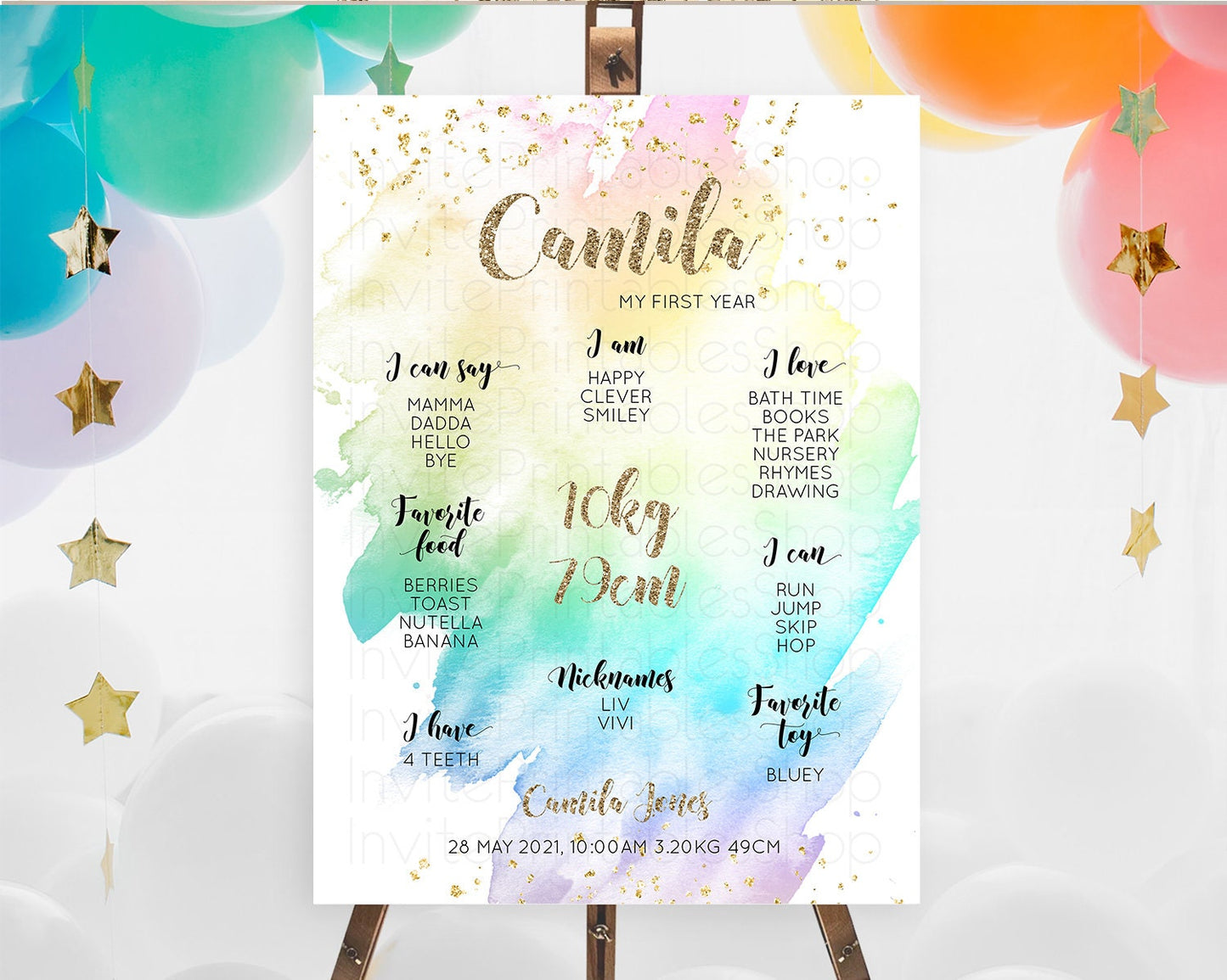 Pastel First Birthday Milestone Board Pastel Rainbow Milestone Poster Colorful Confetti Watercolor Glitter 1st Birthday Welcome Sign D10259