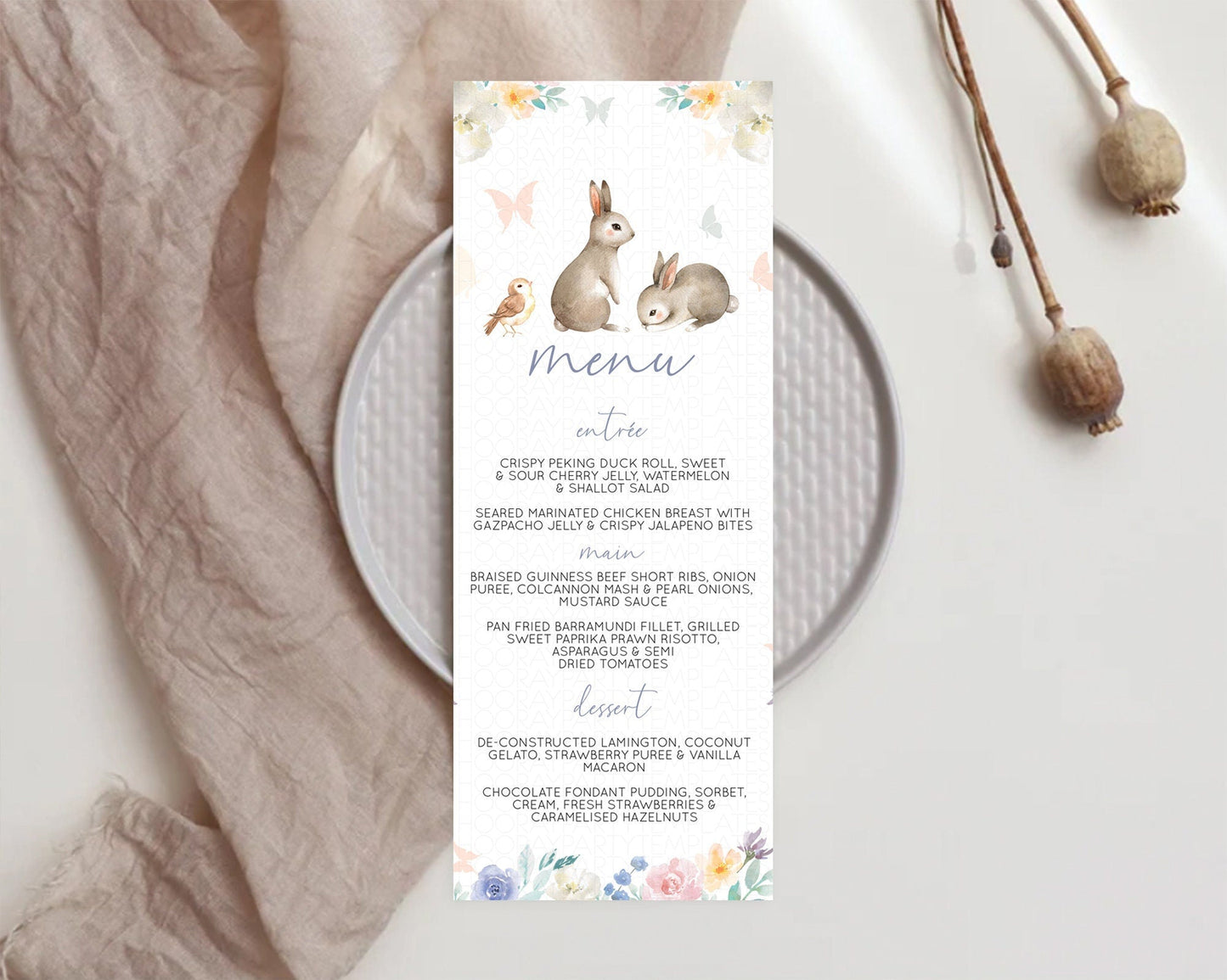 Bunny Menu Floral Bunny Menu Template Pastel Flowers Bunny Table Decor Secret Garden Bunny Dinner Dessert Menu Party Food Menu D10928