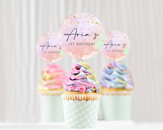 Editable Rainbow Cupcake Toppers Pastel Cupcake Toppers Colorful Pastel Wate
