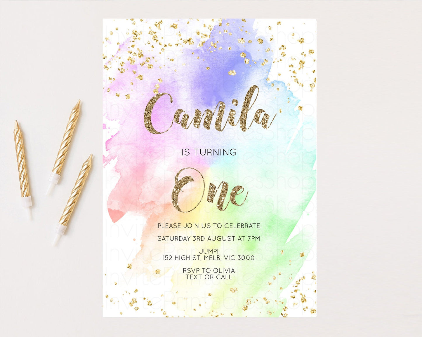 Rainbow Birthday Invitation Pastel Birthday Invitation Ombre Rainbow Invite Colorful Watercolor Invite Glitter Sprinkle Invitation G378