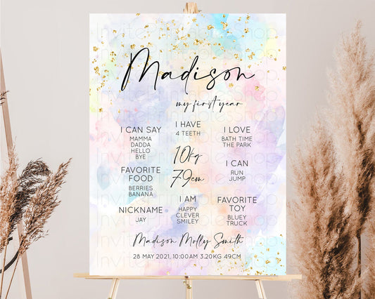 Pastel First Birthday Milestone Board Pastel Rainbow Milestone Poster Watercolor Glitter One Year Poster Colorful Splash Baby 1st Year 588