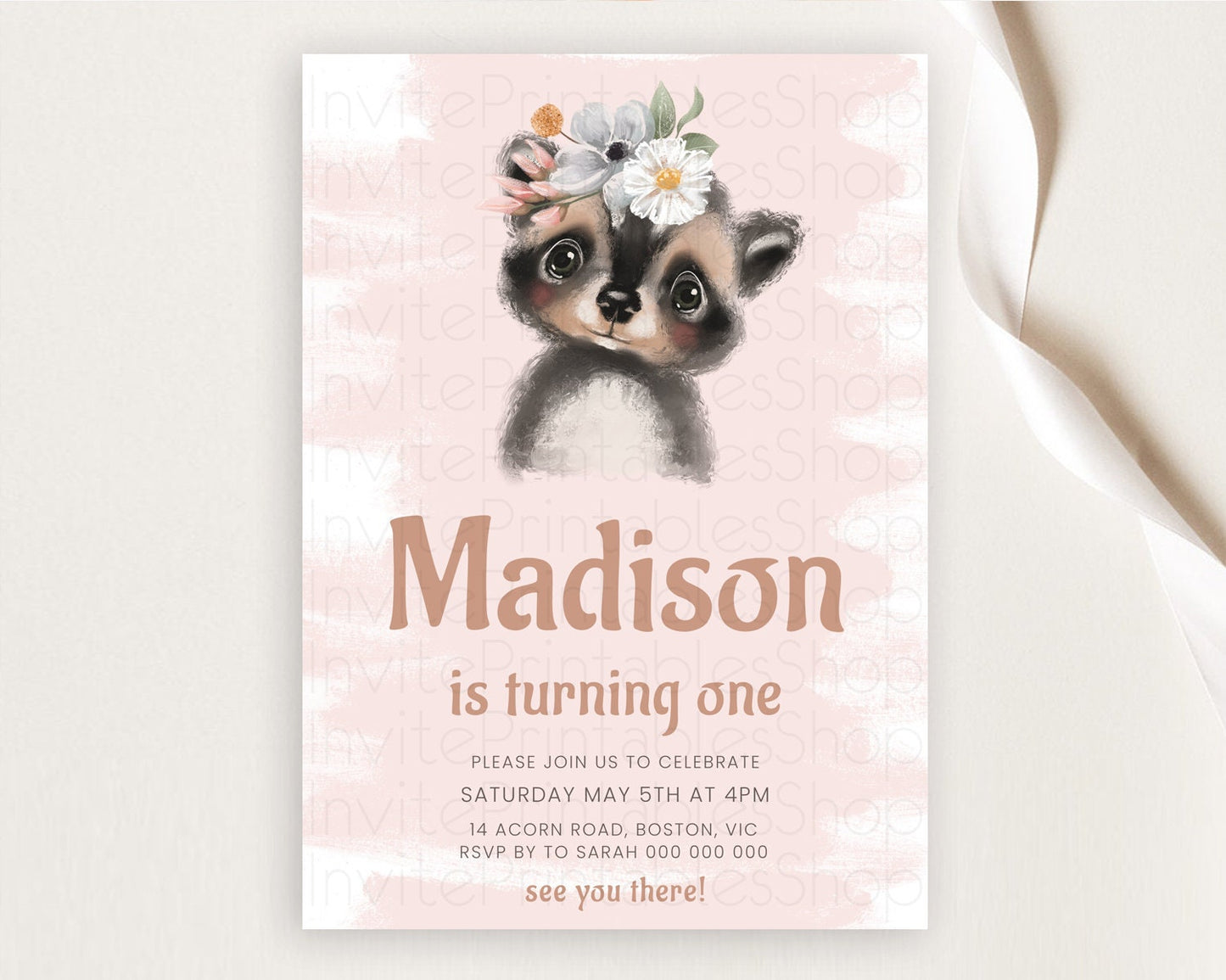 Raccoon Birthday Invitation, Enchanted Forest Adventure, Pink Woodland Theme, Baby Raccoon, 1st Birthday D10653