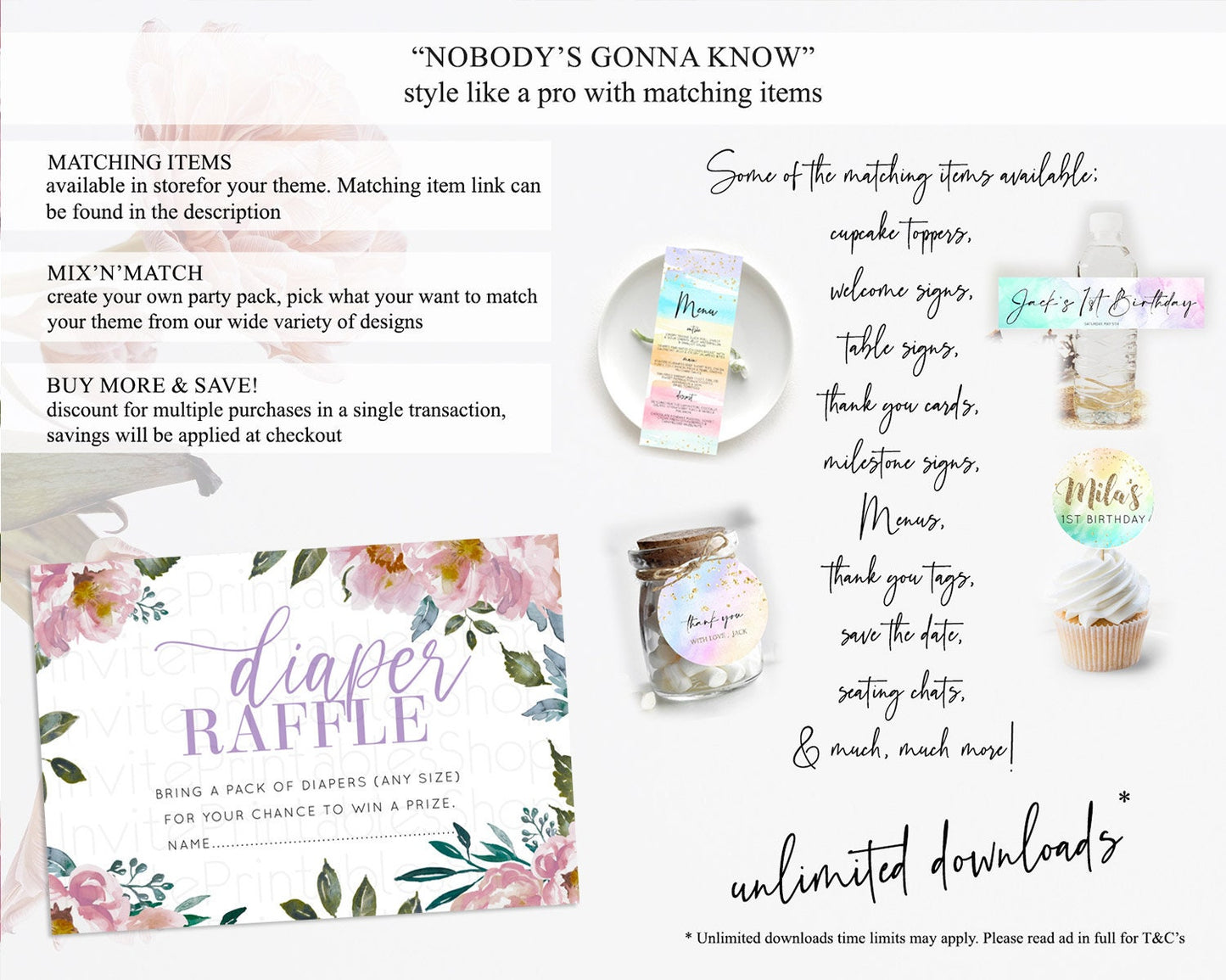 Secret Garden Diaper Raffle Card Boho Wildflower Diaper Raffle Insert Pastel Flower Garden Baby Shower Card Flower Raffle Game D10729