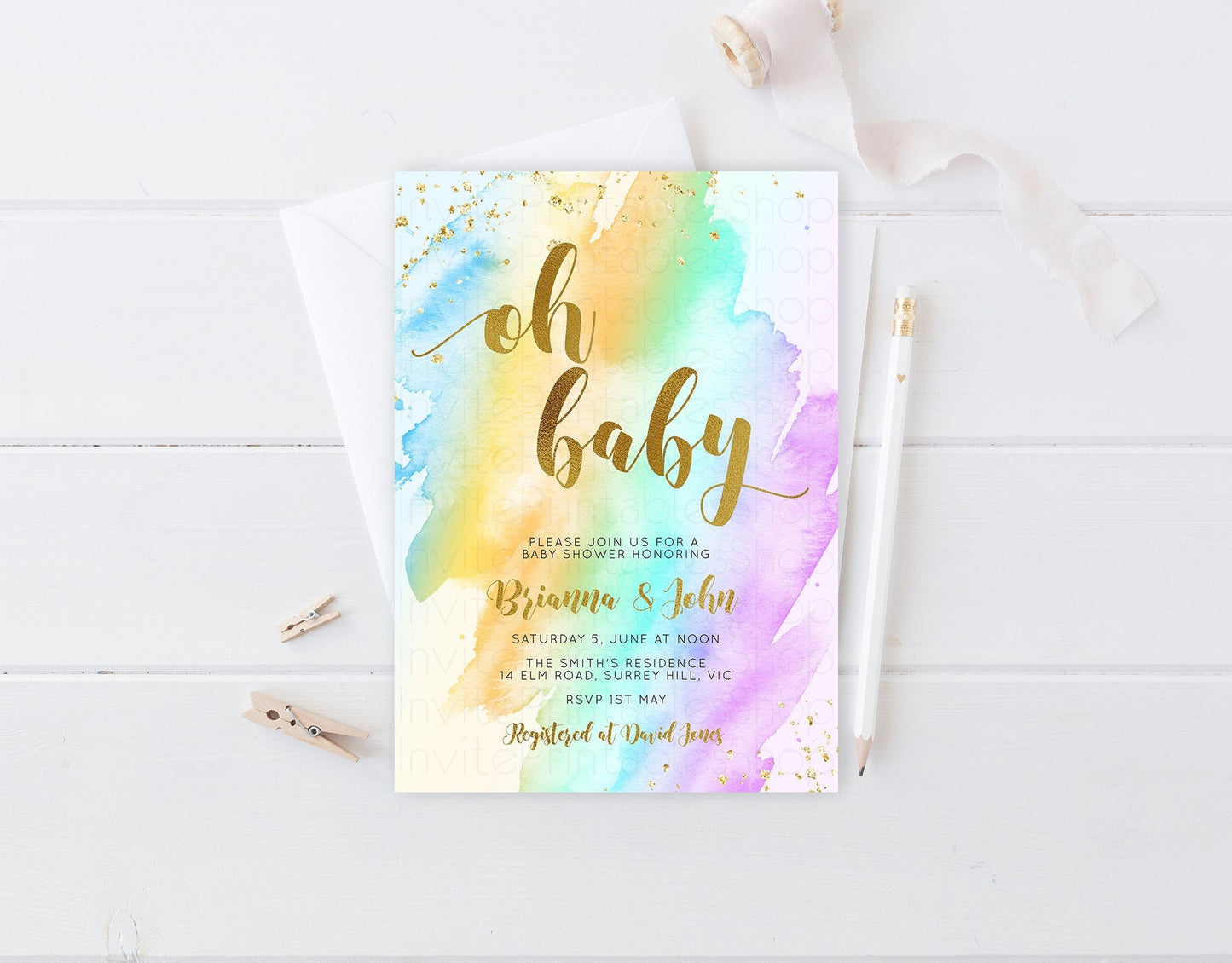 Rainbow Baby Shower Invitation Watercolor Pastel Invitation Colorful Splash Baby Shower Invite Gold Glitter Sprinkles Ombre Invite 489