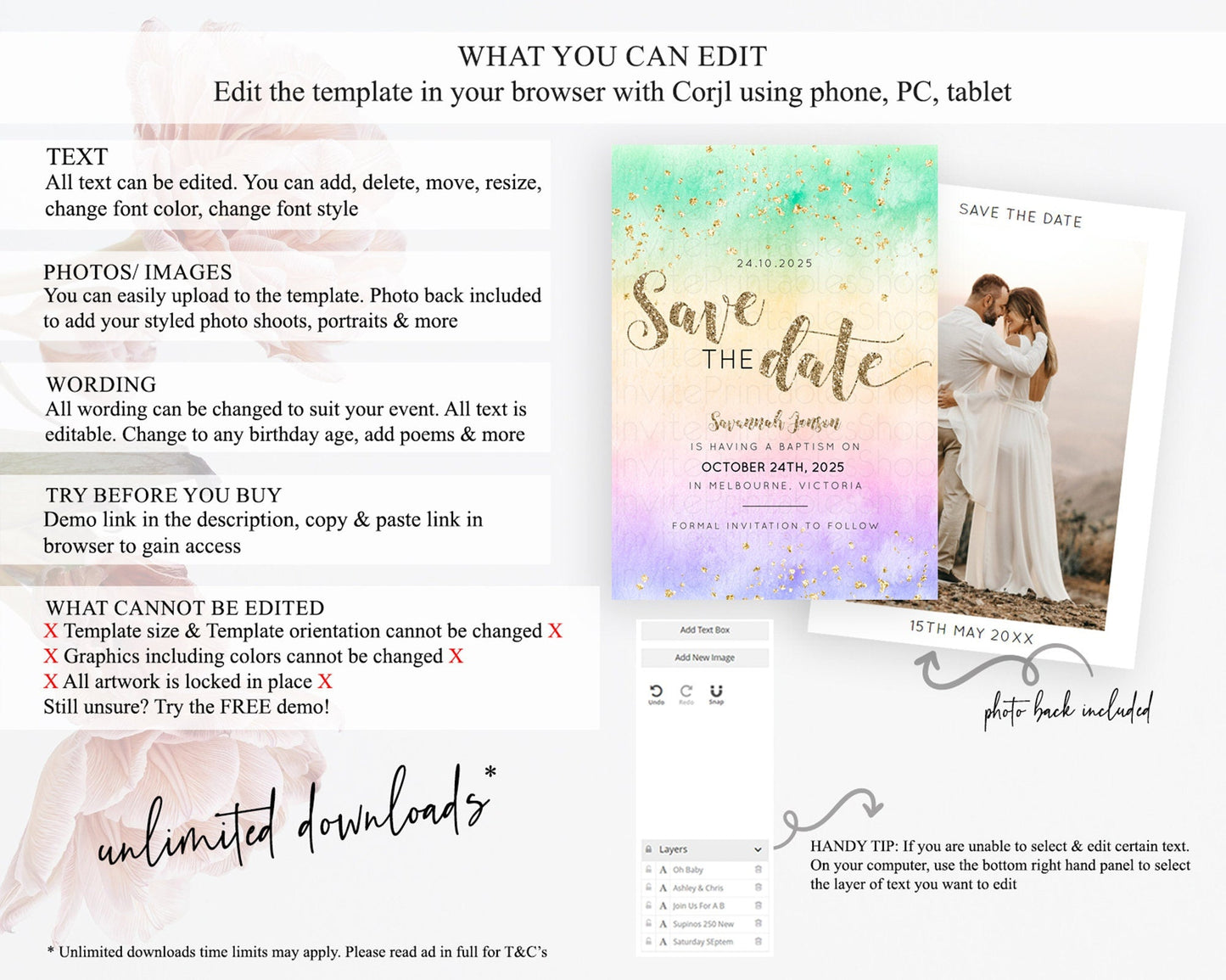 Pastel Save The Date Template Pastel Ombre Rainbow Watercolor Colorful Party For Birthday Baptism Baby Shower Wedding Bridal Shower D10478