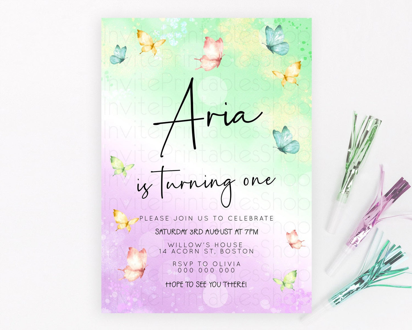 Pastel Butterfly Birthday Invitation Butterfly Birthday Invitation Whimsical Butterfly Enchanted Garden 1st 2nd Birthday Invitation D23139