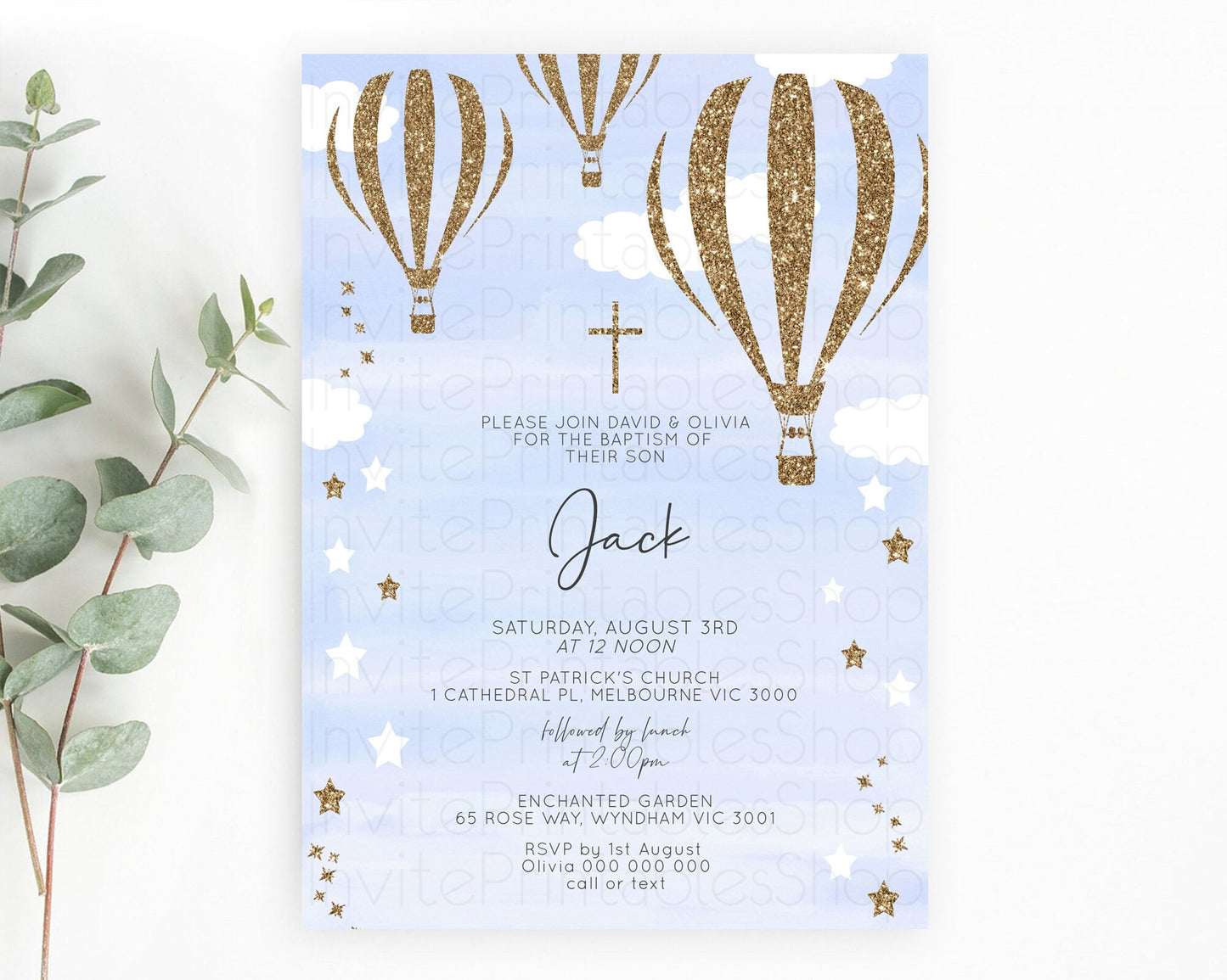 Hot Air Balloon Baptism Invitation Hot Air Balloon Baptism Birthday Invitation Adventure Awaits Up Up Away Glitter Blue Watercolor D10333