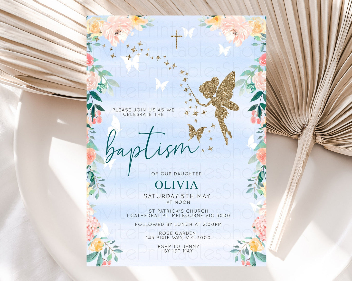 Fairy Baptism Invitation Fairy Baptism 1st Birthday Invitation Enchanted Secret Garden Christening Invite Pastel Floral Butterfly D10794