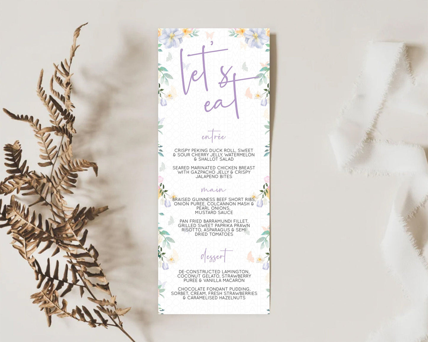 Secret Garden Menu Wildflower Menu Template Pastel Flower Garden Table Decor Boho Floral Dinner Dessert Floral Party Food Menu D10472