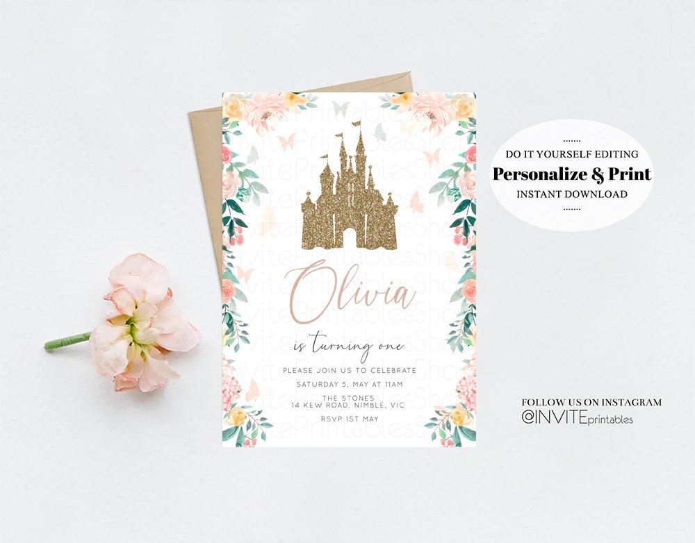 Princess Birthday Invitation Castle Invitation Glitter Invitation Fairy Garden Invite Floral Enchanted Secret Garden Gold Watercolor Invite