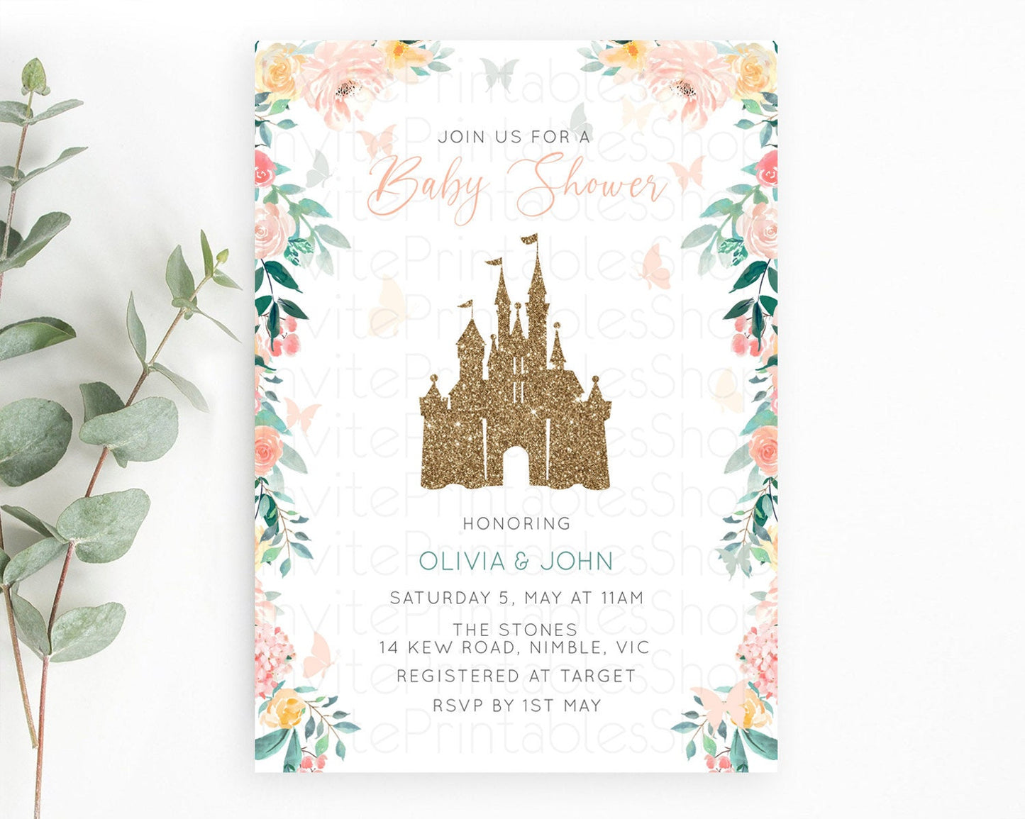 Princess Baby Shower Invitation, Enchanted Castle, Fairy Garden, Pastel Green, Orange, Pink Floral, Butterflies - Glitter Pixie Magic D10925