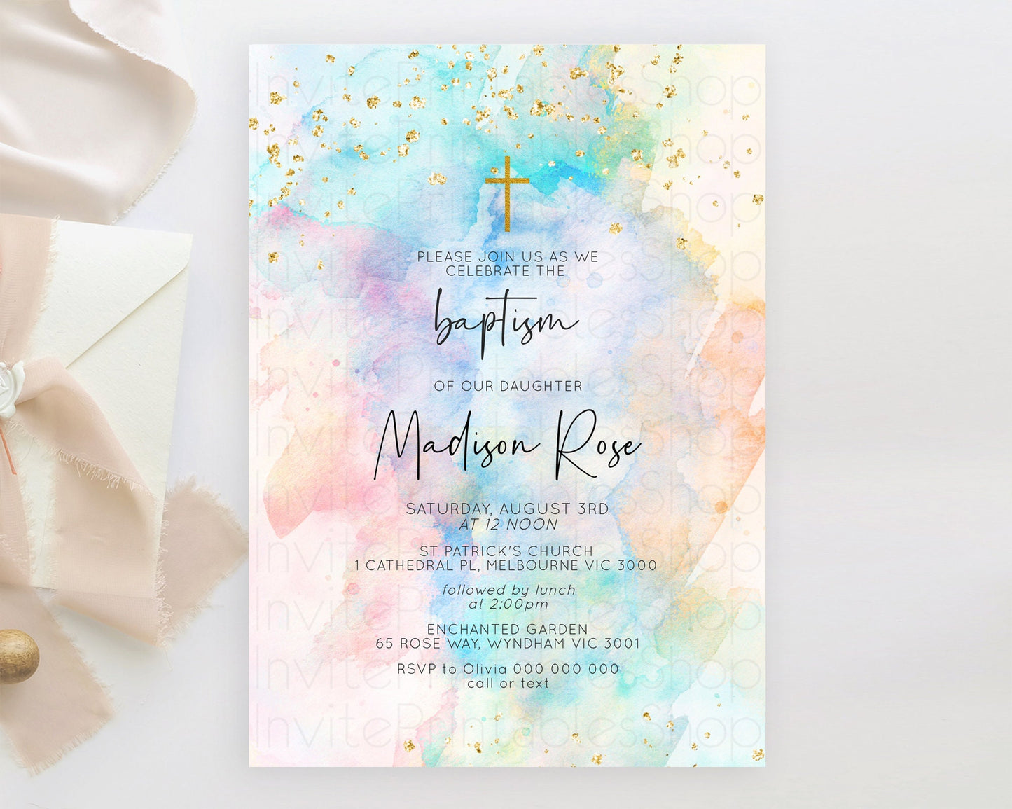 Pastel Baptism Invitation Pastel Colors Watercolor Baptism 1st Birthday Party Gold Ombre Pastel Rainbow Christening Holy Communion D10266