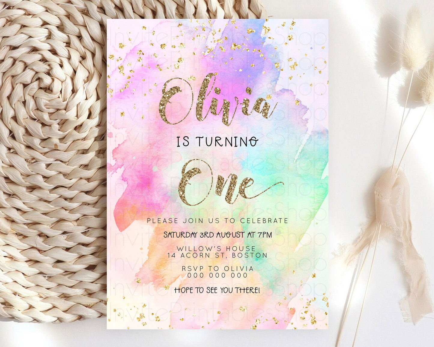 Rainbow Birthday Invitation Colorful Pastel Watercolor Invitation Gold Glitter Sprinkles Ombre Pastel 1st 2nd 3rd Birthday D23290