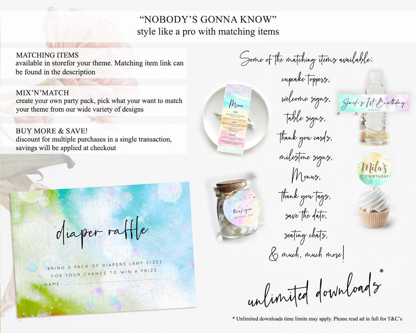 Rainbow Diaper Raffle Card Pastel Diaper Insert Colorful Pastel Watercolor Ombre Diaper Ticket Iridescent Sprinkles Raffle Game D10692