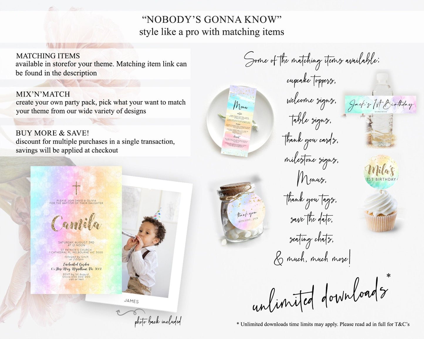 Pastel Baptism Invitation Pastel Colors Watercolor Baptism 1st Birthday Party Gold Ombre Pastel Rainbow Christening Holy Communion D10648