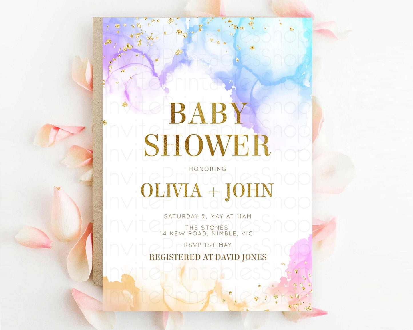 Pastel Baby Shower Invitation Rainbow Baby Shower Invitation Colorful Pastel Watercolor Invitation Gold Glitter Sprinkles Ombre D11018