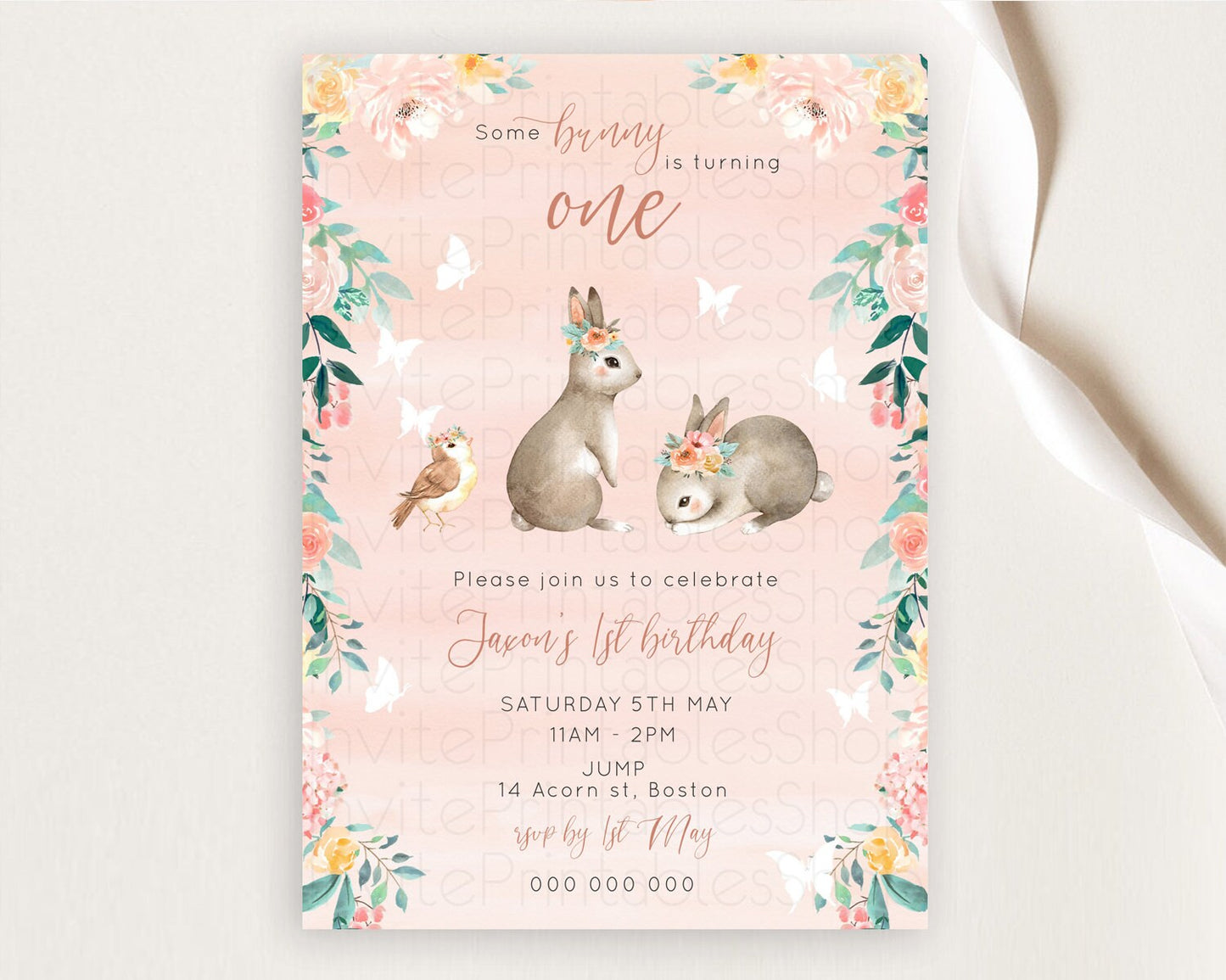 Bunny Birthday Invitation Floral Bunny Invitation Pastel Bunny Invites Pastel Watercolor Woodland Bunny Party 2nd 1st First Birthday D10922