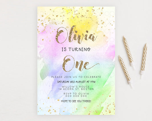 Rainbow Birthday Invitation Colorful Pastel Watercolor Invitation Gold Glitter Sprinkles Ombre Pastel 1st 2nd 3rd Birthday D23305