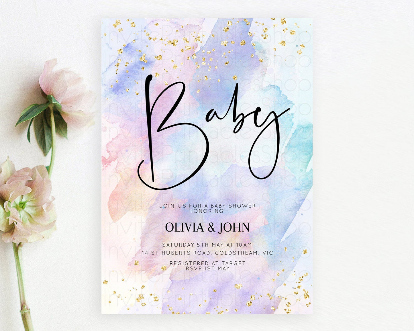 Pastel Baby Shower Invitation Rainbow Baby Shower Invitation Colorful Pastel Watercolor Invitation Gold Glitter Sprinkles Ombre D10583