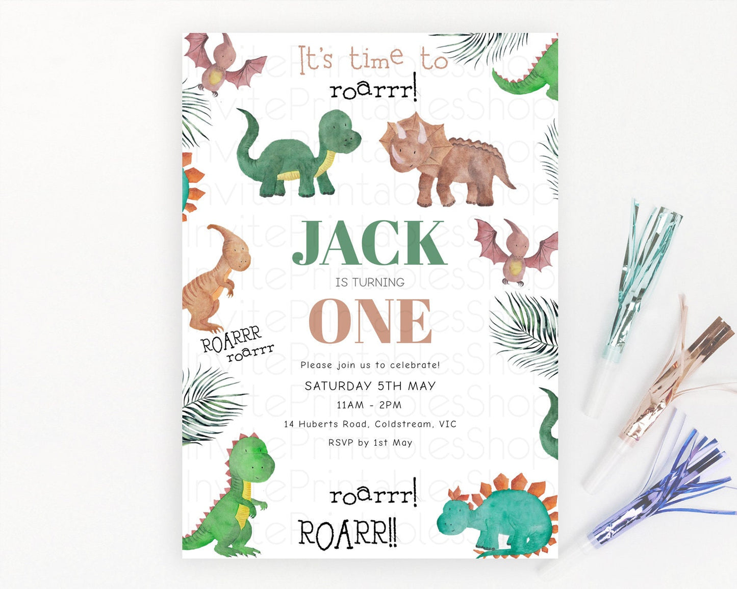 Dinosaur Birthday Invitation Dinosaur Volcano Invitation Watercolor Dinosaur Volcano T-Rex Raptor Jurassic 1st 2nd 3rd Birthday D10153