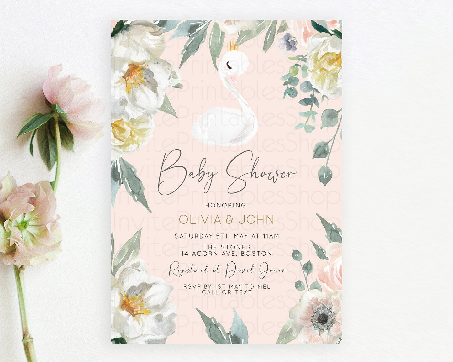 Swan Baby Shower Invitation Swan Princess Ballet Invitation Enchanted Forest Swan Lake Baby Shower Watercolour Pastel Floral D10755