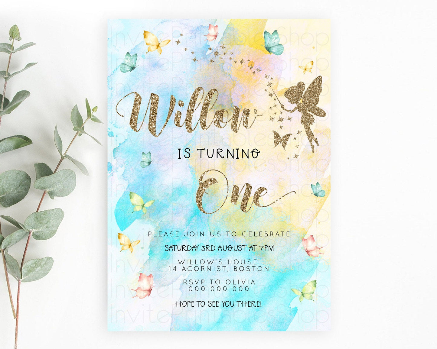 Pastel Fairy Birthday Invitation Pastel Butterflies Fairy Birthday Invitation Rainbow Ombre Watercolor 1st 2nd Birthday Invitation D23348