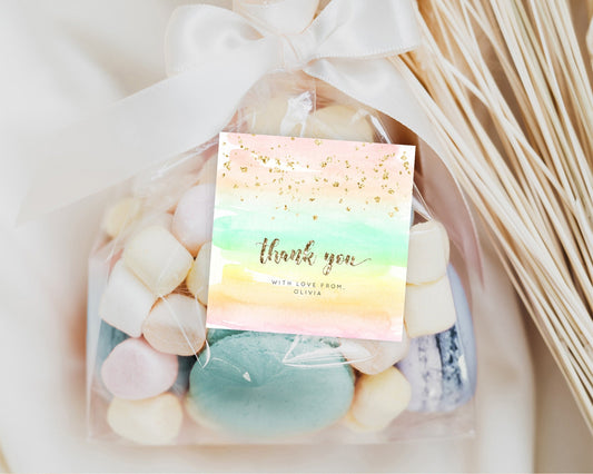 Rainbow Watercolor Gift Tag Favor Tag Bonbonniere Thank You Lolly Bag Colorful Watercolor Gold Glitter Sprinkle Ombre Pastel Orange G581