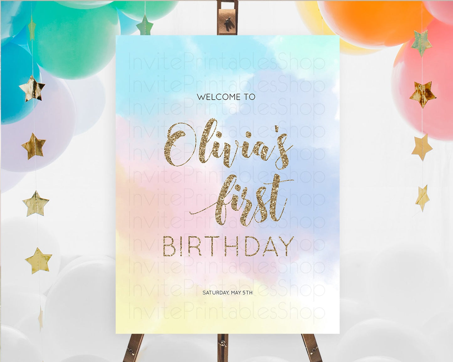 Pastel Welcome Sign Pastel Rainbow Welcome Sign Colorful Rainbow Confetti Watercolor Glitter Pastel First Birthday Welcome Sign D10378