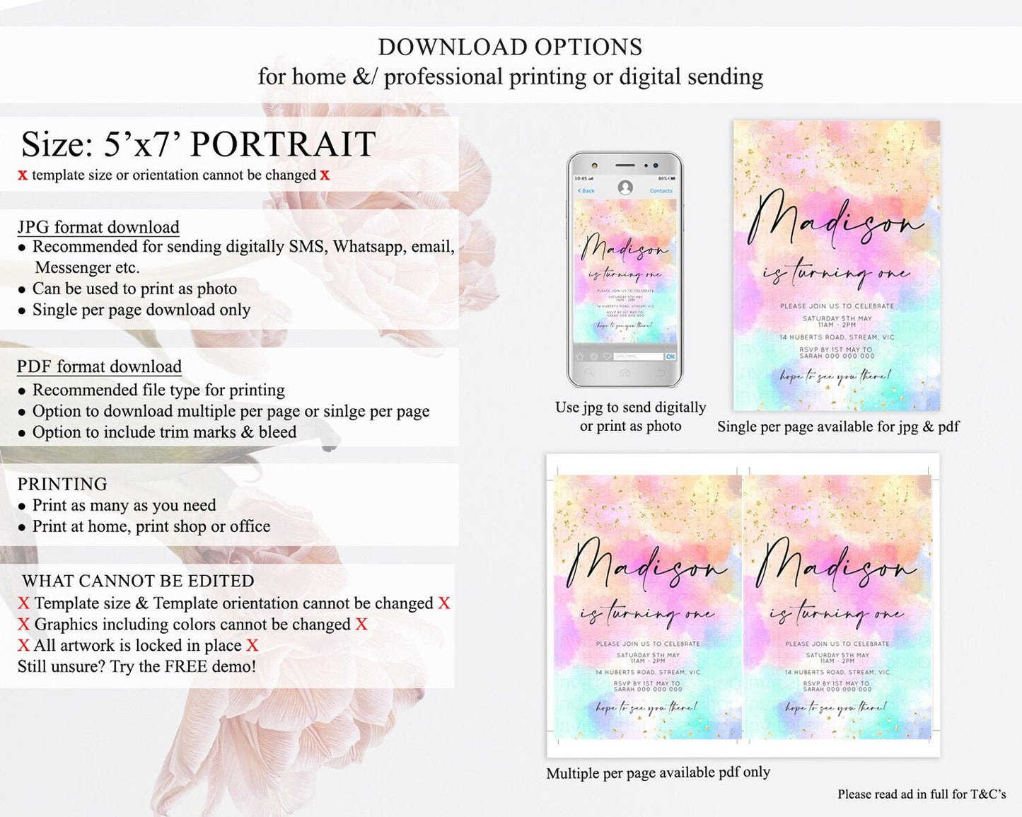 Rainbow Birthday Invitation Colorful Pastel Watercolor Invitation Gold Glitter Sprinkles Ombre Pastel 1st 2nd 3rd Birthday D10667