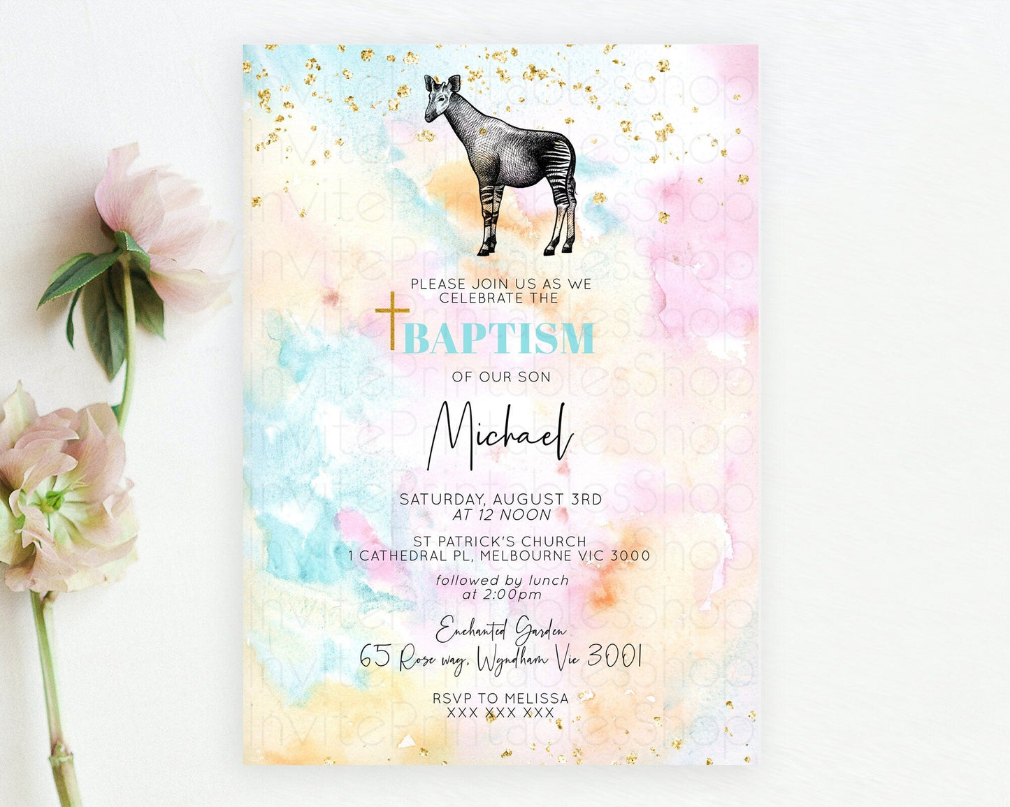 Okapi Baptism Invitation Okapi Baptism 1st Birthday Invitation Okapi Pastel Rainbow Watercolor Christening Invitation Holy Communion D10282