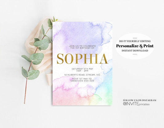Pastel Rainbow Birthday Invitation Colorful Watercolor Splash Ombre Ink Paint Gold Foil Purple Pink Blue Modern Custom Printable 193