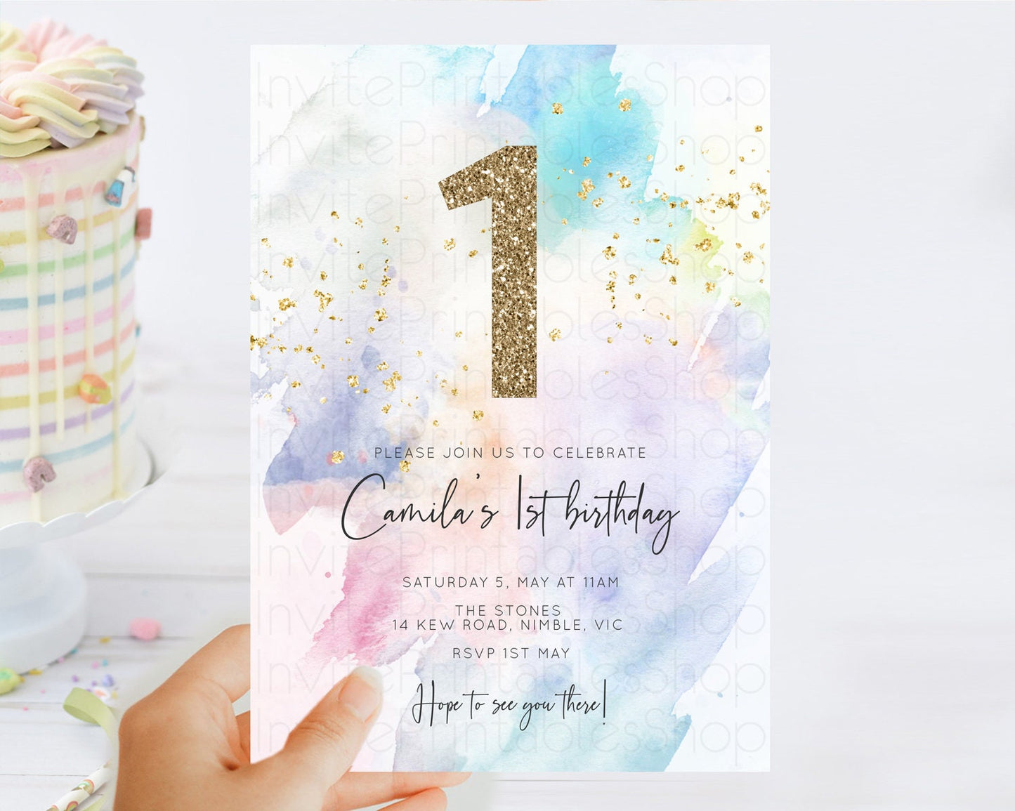 Rainbow Birthday Invitation Colorful Pastel Watercolor Invitation Gold Glitter Sprinkles Ombre Pastel 1st 2nd 3rd Birthday D10424