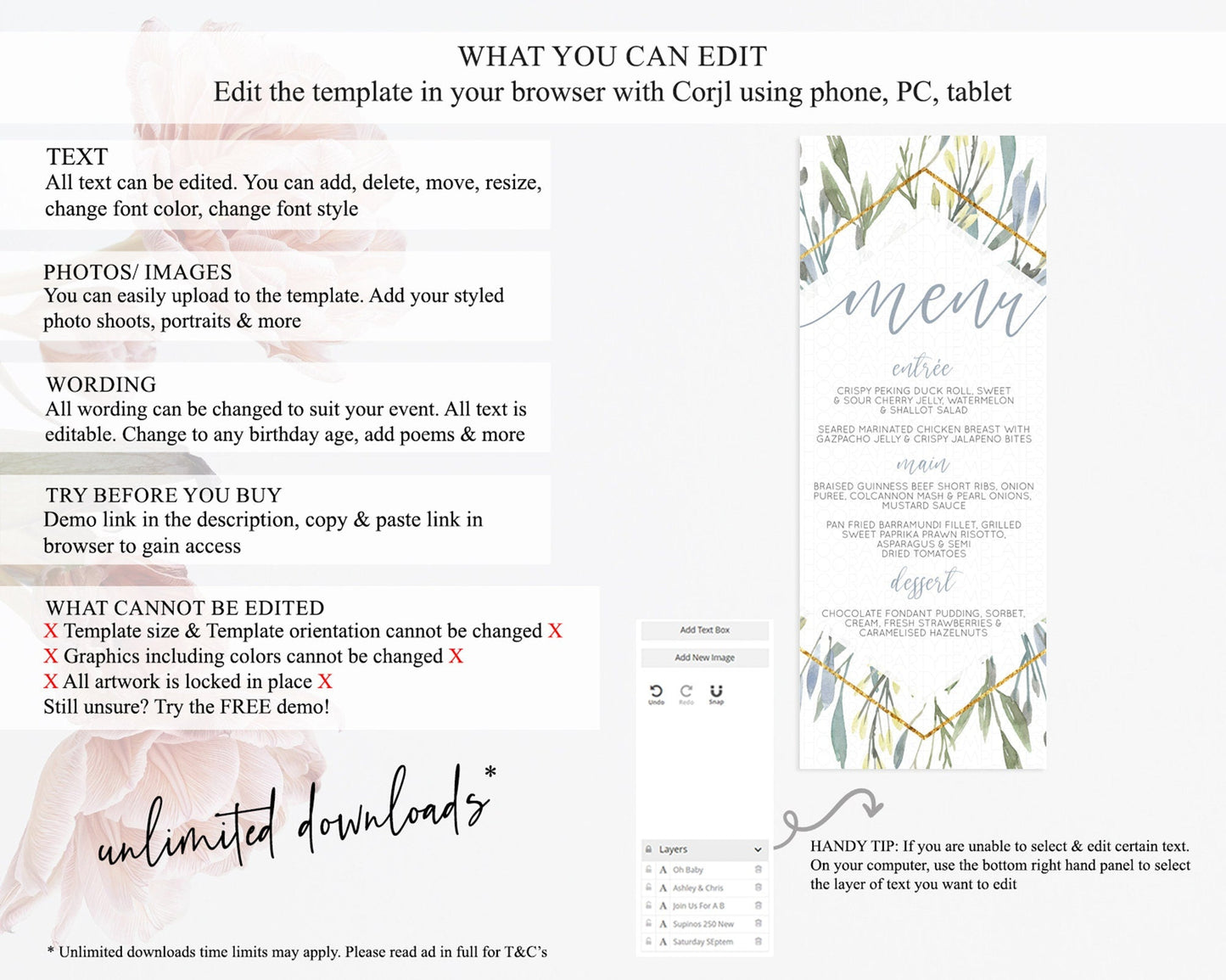 Leafy Menu Green Leaf Menu Template Eucalyptus Fern Leaves Decor Watercolor Boho Garden Leaf Branch Dinner Dessert Party Food Menu D10532