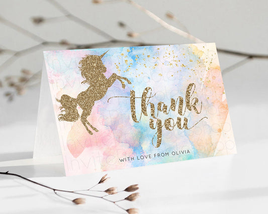 Unicorn Rainbow Thank You Card Pastel Unicorn Thank You Magical Ombre Unicorn Birthday Thank You Colorful Watercolor Teacher Card D10949