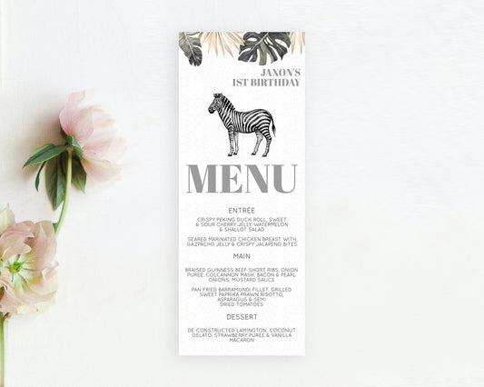 Zebra Menu Zebra Menu Template Zebra Party Table Decor Safari Adventure Decor Zebra Dinner Dessert Menu Party Food Menu D10824