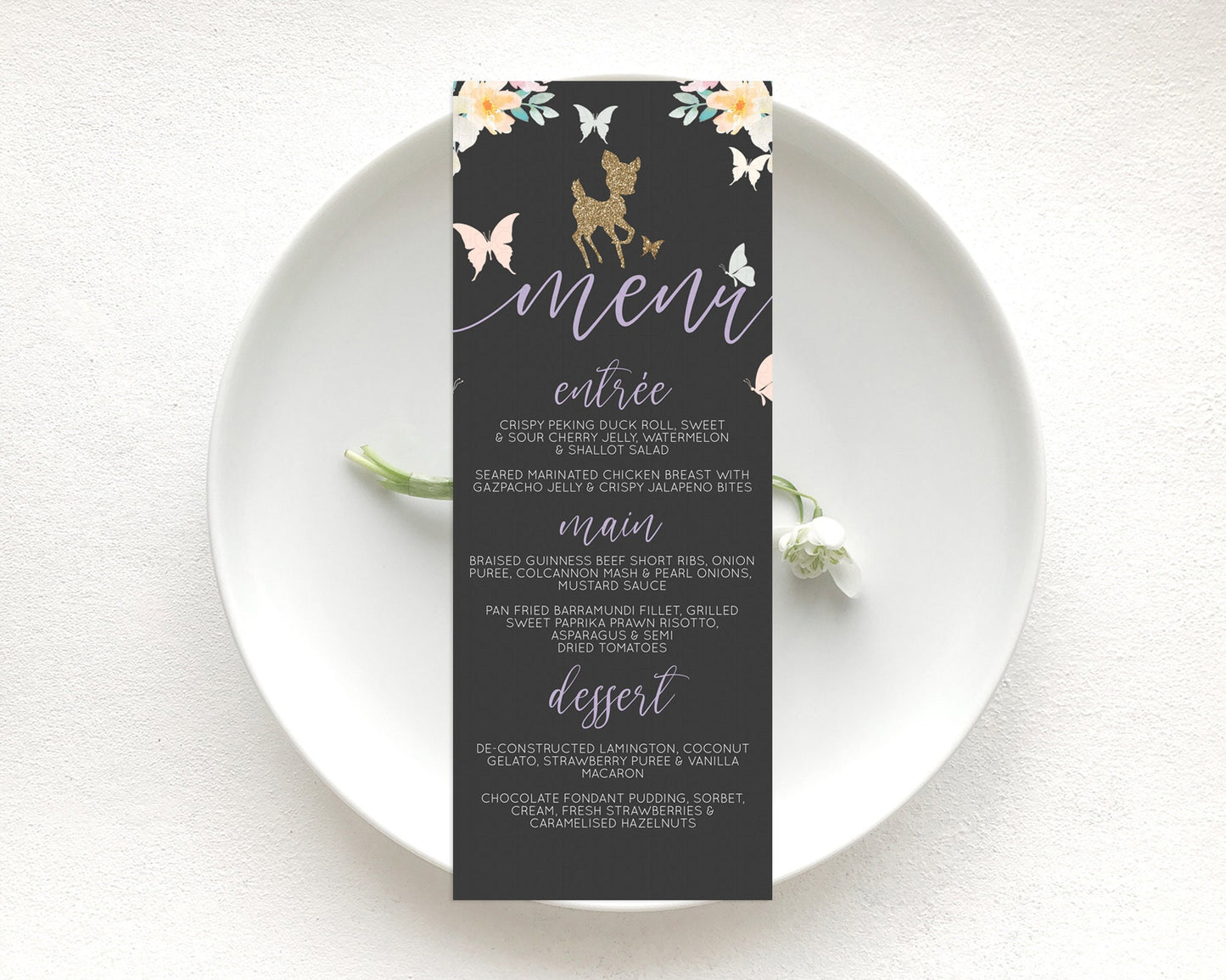 Fawn Menu Deer Menu Template Pastel Floral Deer Table Decor Enchanted Forest Butterfly Floral Dinner Dessert Menu Party Food Menu D10323