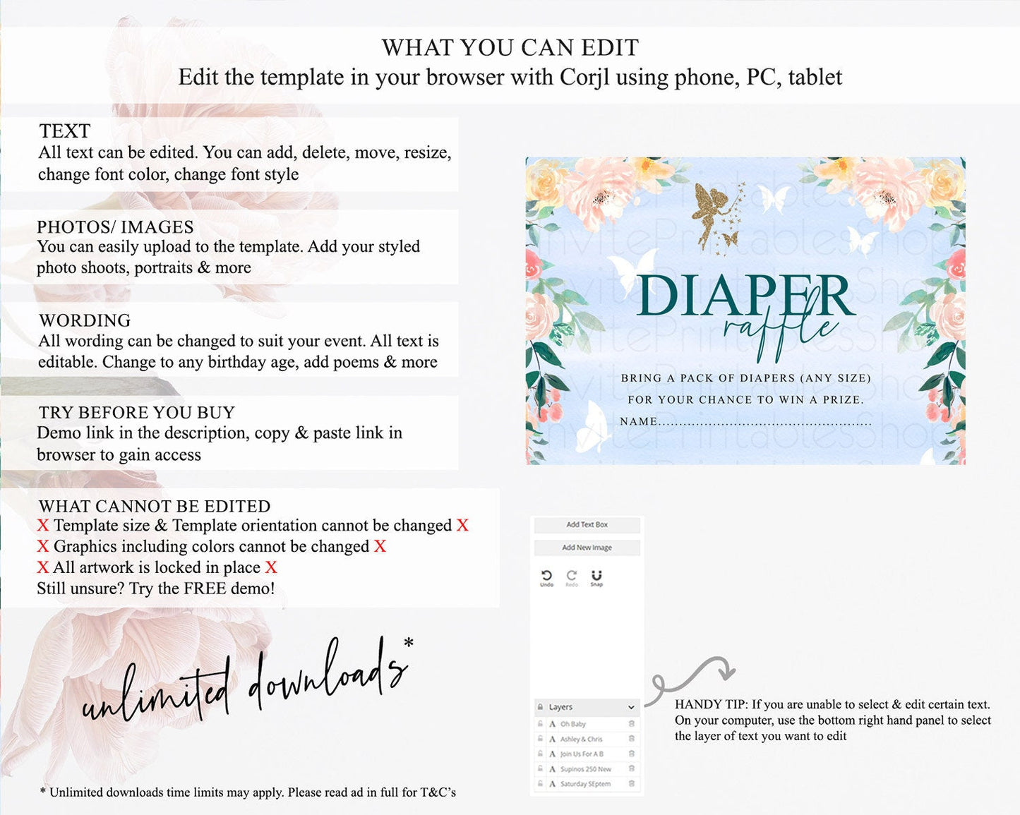 Fairy Diaper Raffle Card Fairy Diaper Insert Enchanted Garden Fairy Diaper Ticket Pastel Floral Butterfly Secret Garden Raffle Game D10794