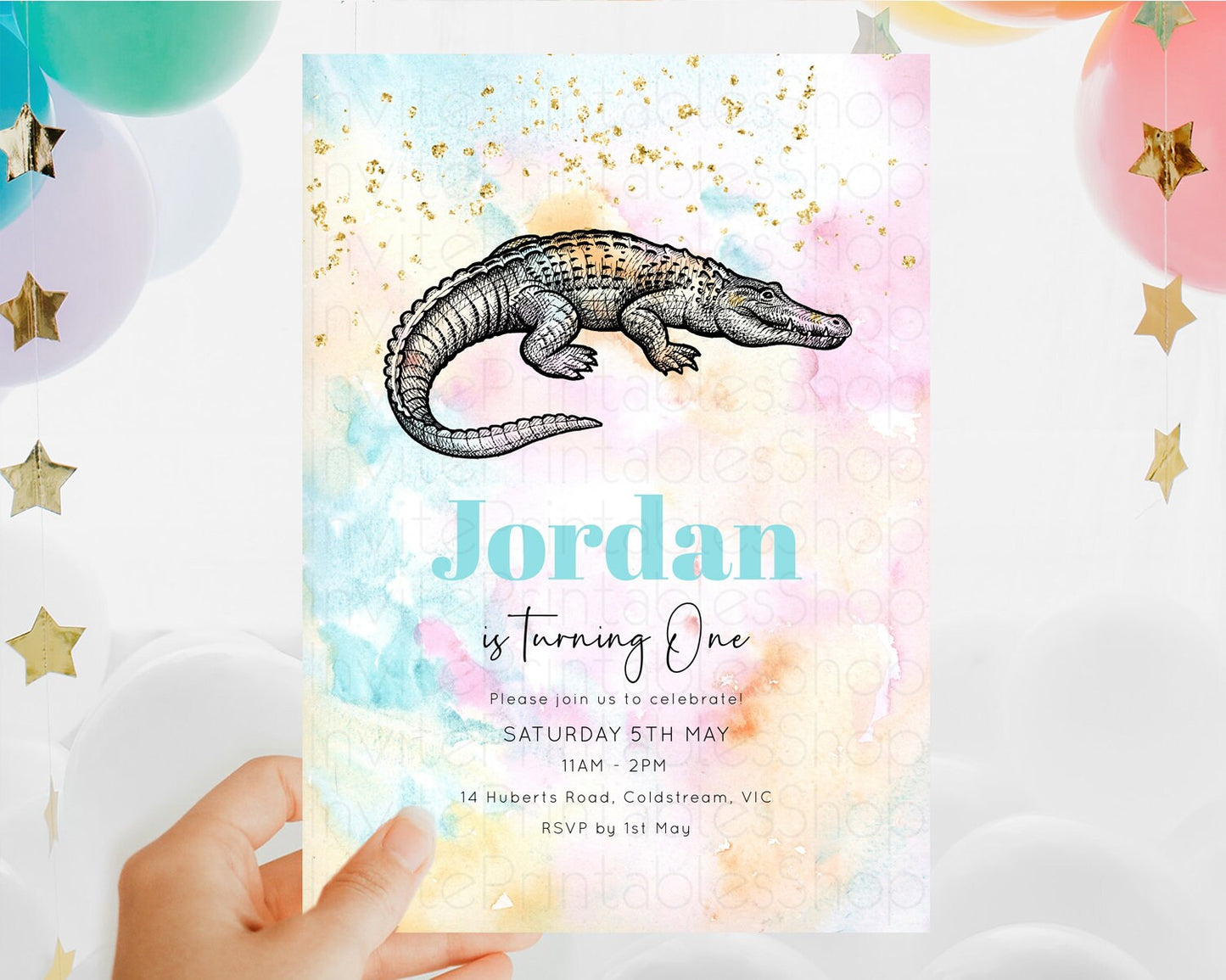 Crocodile Birthday Invitation Alligator Invitation Pastel Swamp Watercolor Alligator Crocodile Invitation Rainbow Gator Invite D10285